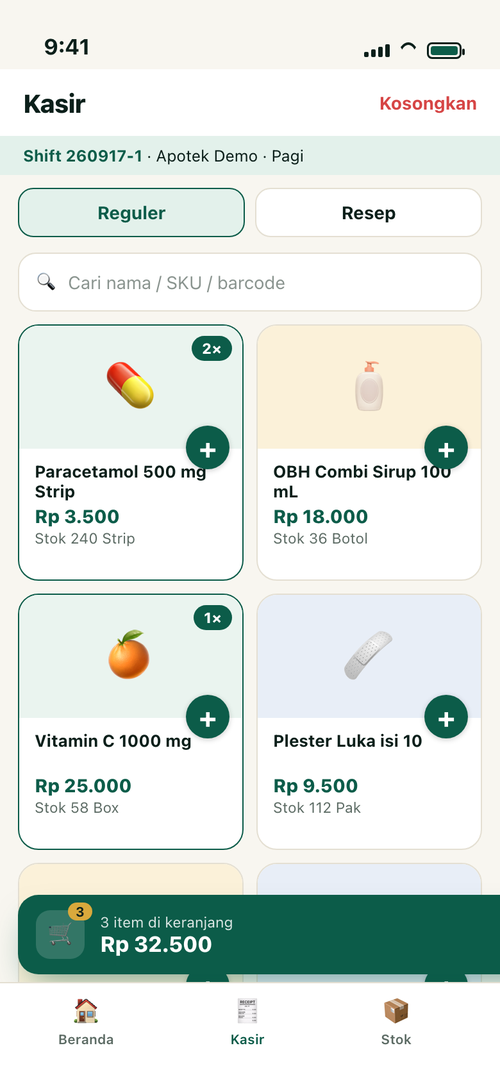 Tampilan kasir aplikasi Android Farmalite