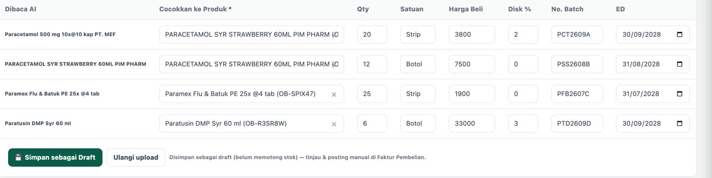 Input faktur dengan AI — tampilan aplikasi Farmalite