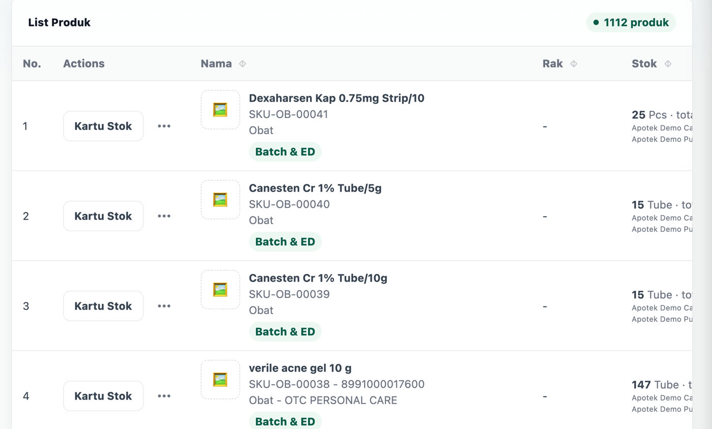 Stok per batch & kartu stok — tampilan aplikasi Farmalite